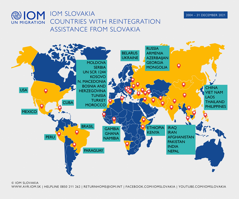 Map - Countries with reintegration assistance from IOM Slovakia, 2007 - December 2021
