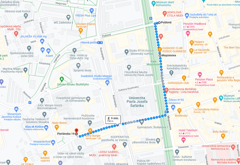 Google Maps - A route from the old address in the Poštová street to the new premises in the Floriánska street in Košice